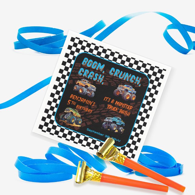Monster Truck Bash Boy 5th Birthday Party Napkins ("Boom, Crunch, Crash" Boy's Monster Truck-Themed 5th Birthday Party Napkins)
