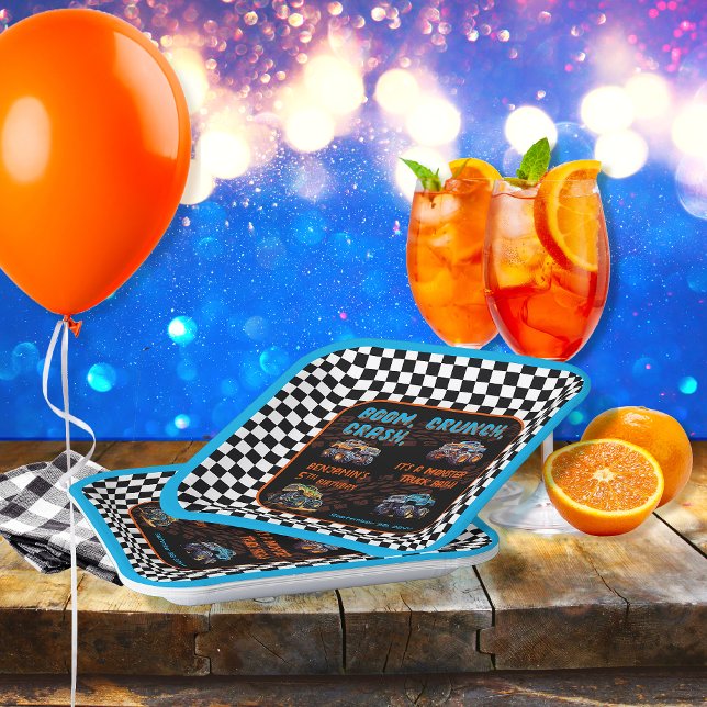 Monster Truck Bash Boy 5th Birthday Party Paper Plates ("Boom, Crunch, Crash, It's A Monster Truck Bash" Boy's 5th Birthday Party 9" Square Paper Plates)