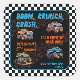 Monster Truck Bash Boy 5th Birthday Party Square Sticker