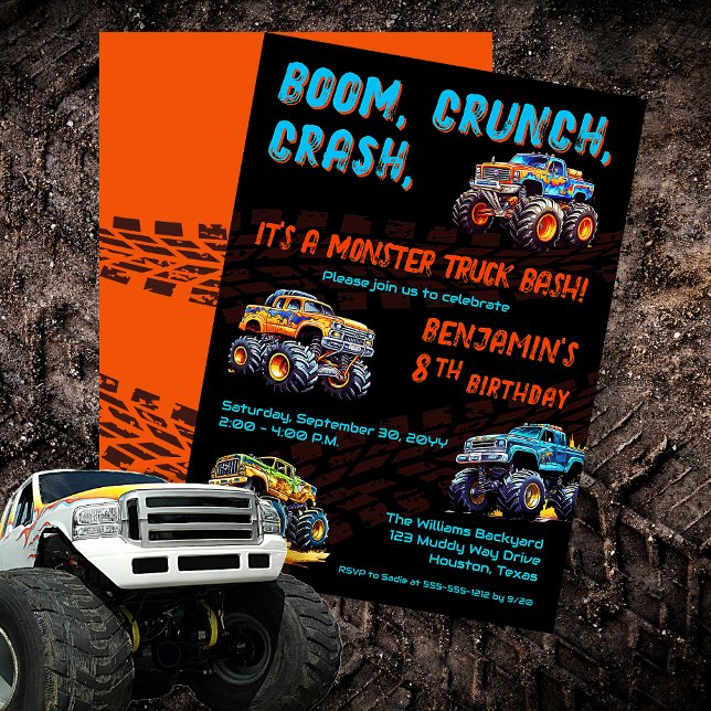 Monster Truck Bash Boy 8th Birthday Party Invitation ("Boom, Crunch, Crash, It's A Monster Truck Bash" Boy's 8th Birthday Party Invitation)