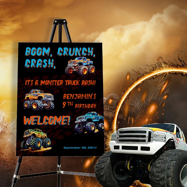 Monster Truck Bash Boy 9th Birthday Party Foam Board ("Boom, Crunch, Crash, It's A Monster Truck Bash" Boy's 9th Birthday Party Sign)