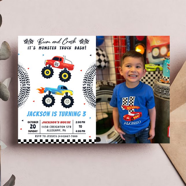 Monster Truck Bash Boy Birthday Photo Invitation (Creator Uploaded)
