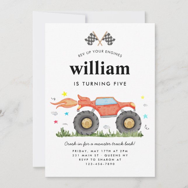 Monster Truck Bash Car Race Flags Kids Birthday Invitation (Front)