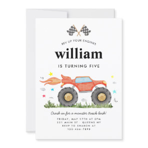 Monster Truck Bash Car Race Flags Kids Birthday Invitation