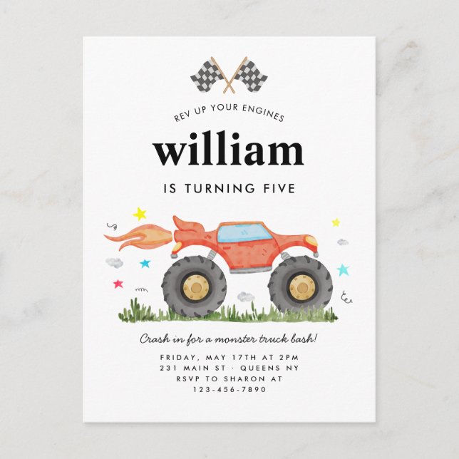 Monster Truck Bash Car Race Flags Kids Birthday Postcard (Front)