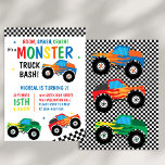 Monster Truck Bash Colorful Groovy Kids Birthday Invitation<br><div class="desc">BOOM,  SMASH,  CRASH IT'S A MONSTER TRUCK BASH! RED GREEN AND WHITE COLORFUL TRUCKS WITH BLACK AND WHITE GROOVY CHECKERED PATTERN RETRO STYLE EDITABLE KIDS BIRTHDAY INVITATION</div>