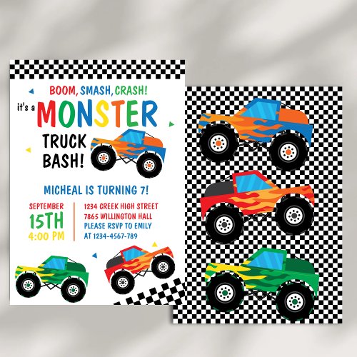 Monster Truck Bash Colorful Groovy Kids Birthday Invitation