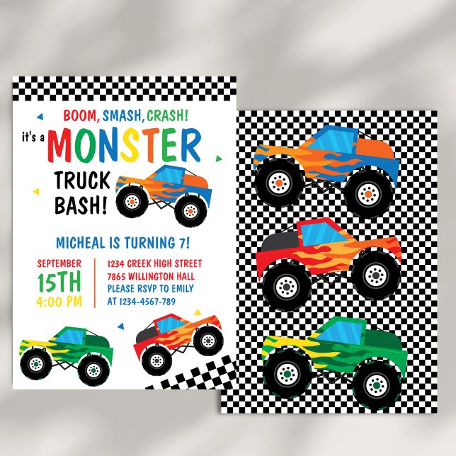 Monster Truck Bash Colorful Groovy Kids Birthday Invitation (Creator Uploaded)