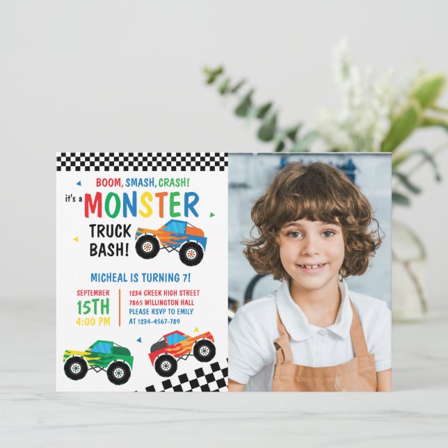 Monster Truck Bash Colorful Groovy Kids Birthday Invitation (Standing Front)