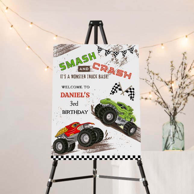 Monster truck bash cool 3rd birthday welcome sign (In Situ (Stand))