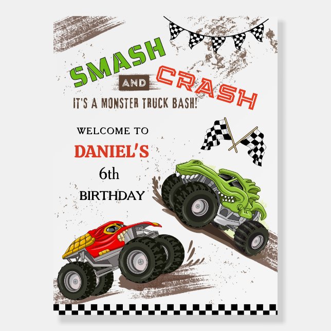 Monster truck bash cool 6th birthday welcome sign (Front)