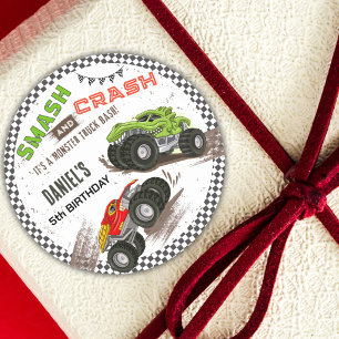 Monster truck bash cool modern cute 5th birthday classic round sticker