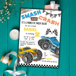 Monster truck bash cool modern kid 2nd birthday invitation