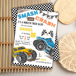 Monster truck bash cool modern kid 5th birthday invitation