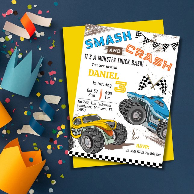 Monster truck bash Simple modern kid 3rd birthday Invitation (Creator Uploaded)