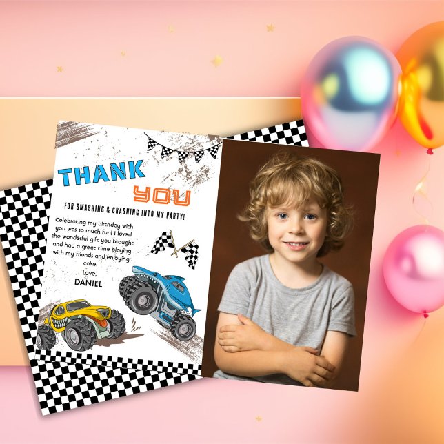 Monster truck birthday bash kids cool fun modern thank you card (Creator Uploaded)