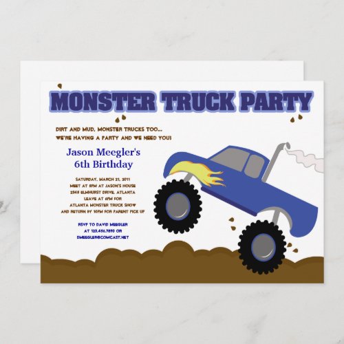 Monster Truck Birthday Blue Truck with Flames Invitation