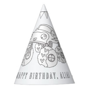 Monster Truck Birthday - Color Your Own Party Hat. Hat