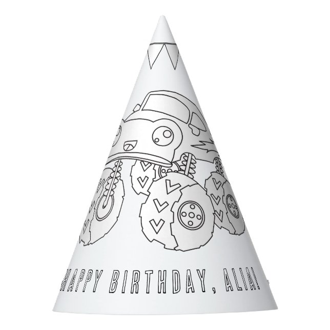 Monster Truck Birthday - Color Your Own Party Hat. Hat (Front)