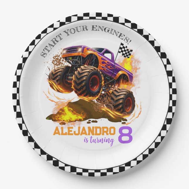 Monster Truck Birthday Fire Flames  Paper Plates (Front)