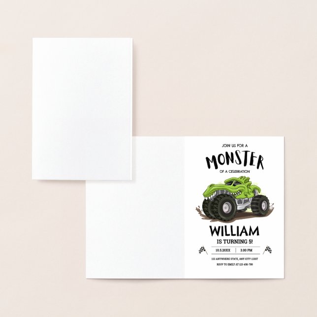 Monster Truck Birthday Invitation, Boys Birthday  Foil Card (Display)