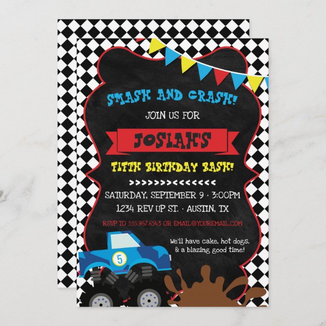 Monster Truck Birthday Invitation Checkered Flag (Front/Back)
