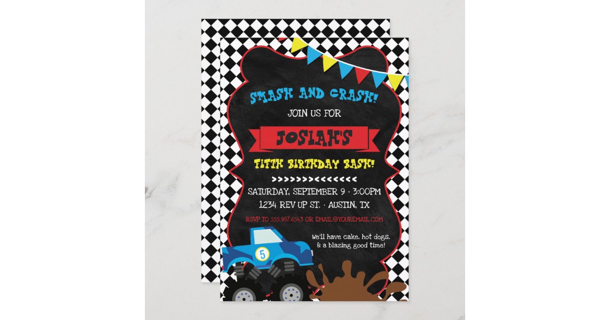 Monster Truck Birthday Invitation Checkered Flag | Zazzle