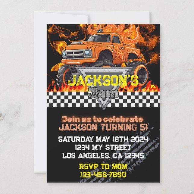 Monster Truck Birthday Invitation- Orange Bull Invitation (Front)