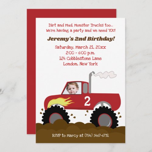 Monster Truck Birthday Invitation Red with Photo