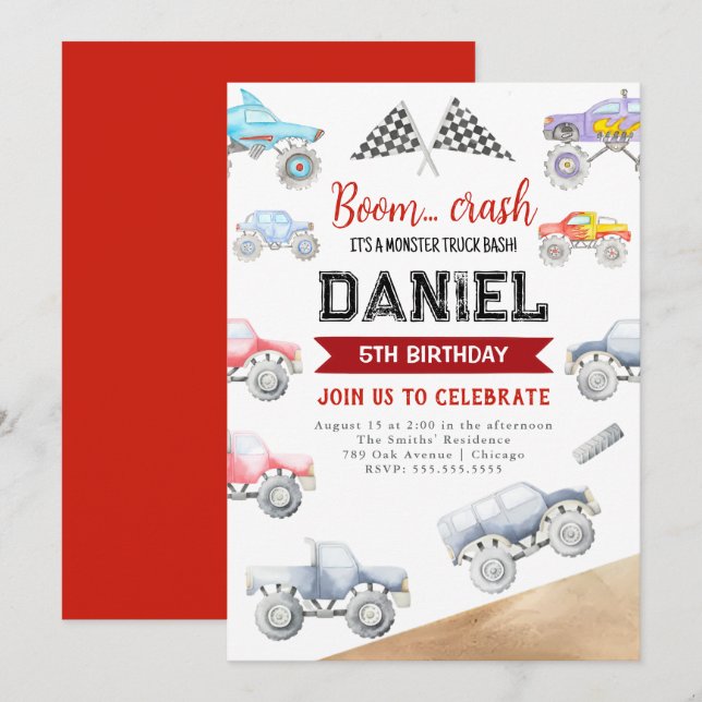 Monster Truck Birthday Invitation Trucks Any Age (Front/Back)