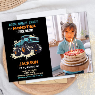 Monster Truck Birthday Invitations Black w photo
