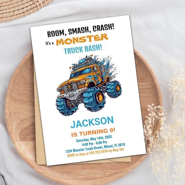 Monster Truck Birthday Invitations Blue (Monster Truck Birthday Invitations Blue)