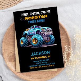 Monster Truck Birthday Invitations Blue Black