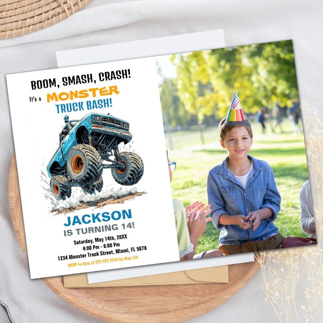 Monster Truck Birthday Invitations Blue Photo (Monster Truck Birthday Invitations Blue Photo)