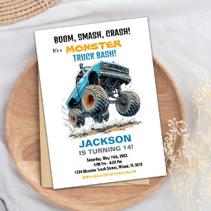 Monster Truck Birthday Invitations Blue White