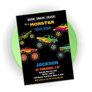 Monster Truck Birthday Invitations Colours Black