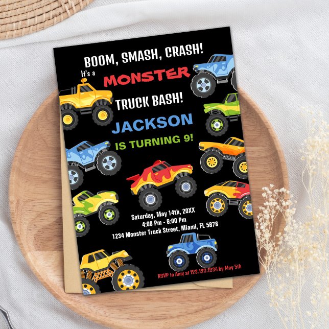 Monster Truck Birthday Invitations Colours Black (Monster Truck Birthday Invitations Colours Black)