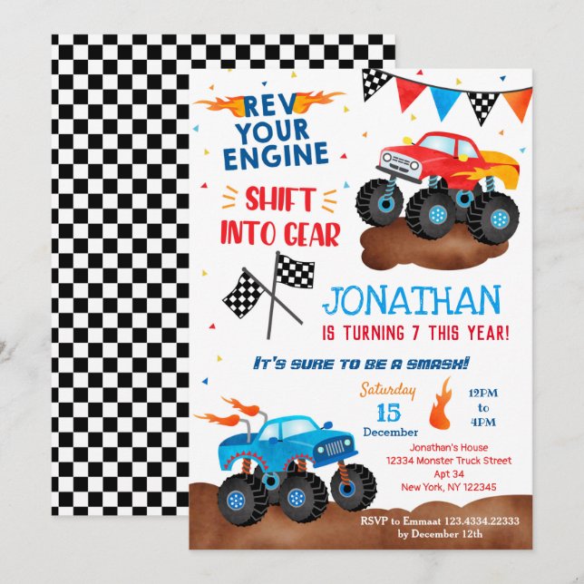 Monster Truck Birthday Invitations for boy  (Front/Back)