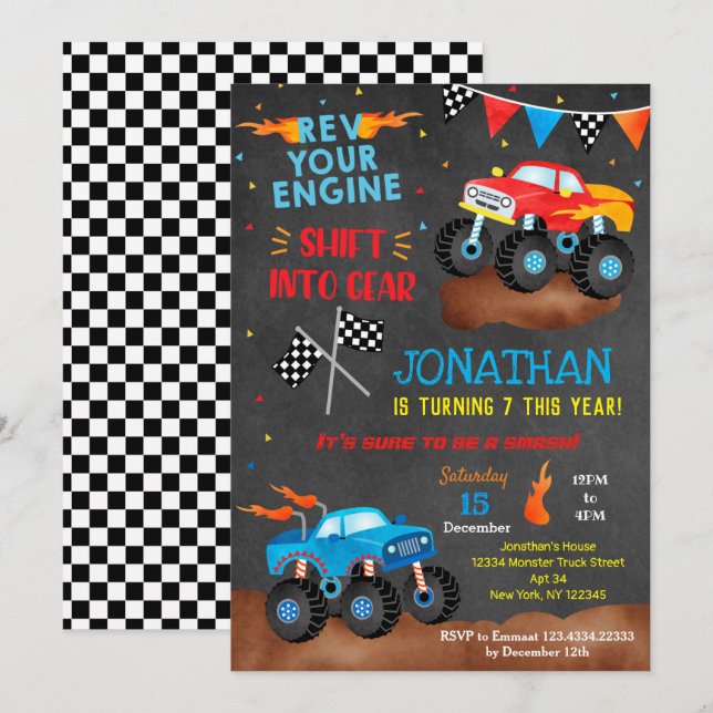 Monster Truck Birthday Invitations for boy  (Front/Back)