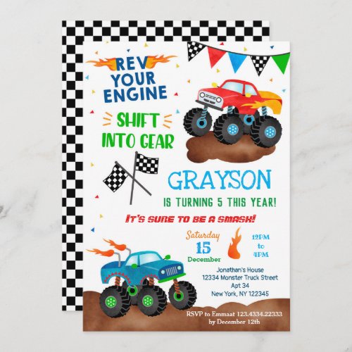 Monster Truck Birthday Invitations for boy 