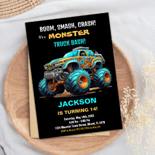 Monster Truck Birthday Invitations Green Blue