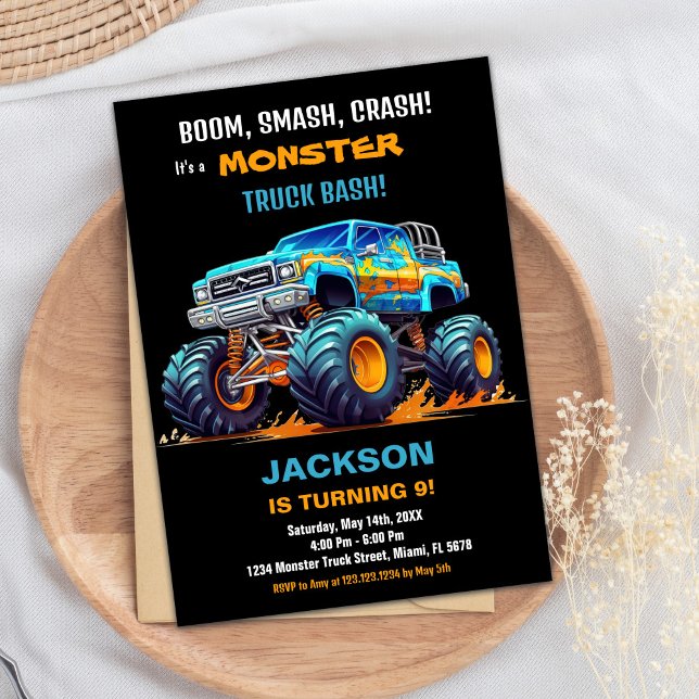 Monster Truck Birthday Invitations Orange Black BC (Monster Truck Birthday Invitations Orange Black BC)