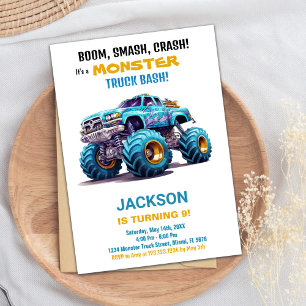 Monster Truck Birthday Invitations Orange Blue