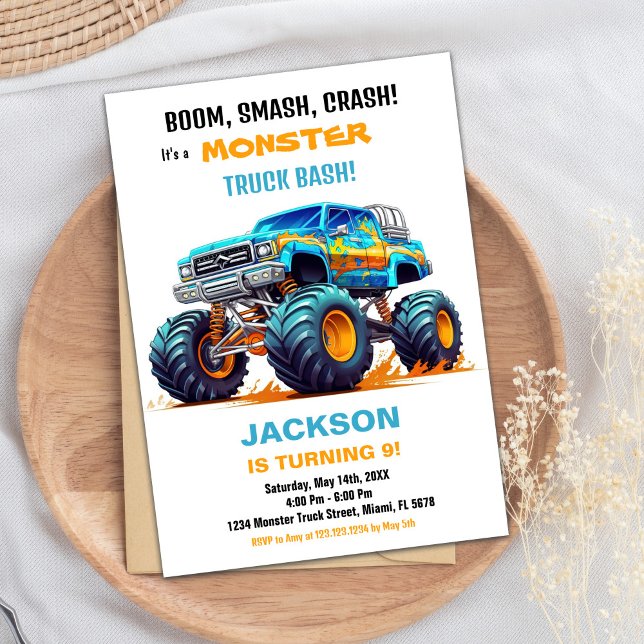 Monster Truck Birthday Invitations Orange Blue (Monster Truck Birthday Invitations Orange Blue)