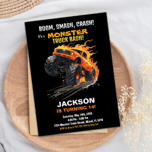 Monster Truck Birthday Invitations Orange Fire