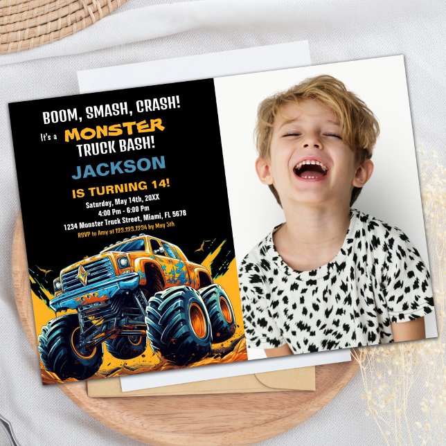 Monster Truck Birthday Invitations Photo Yellow (Monster Truck Birthday Invitations Photo Yellow)