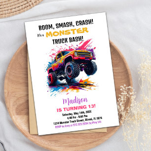 Monster Truck Birthday Invitations Pink