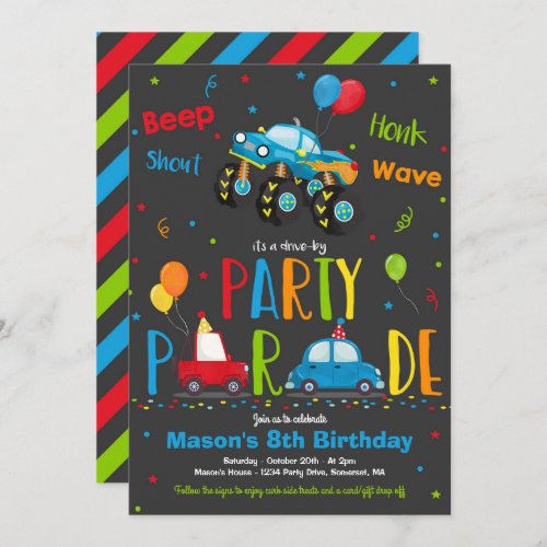 Monster Truck Birthday Party Drive By Birthday Invitation