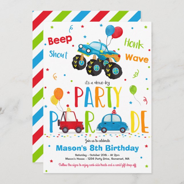 Monster Truck Birthday Party Drive By Birthday Invitation (Front/Back)