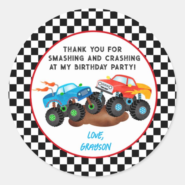 Monster Truck Birthday Party Favor Stickers Labels (Front)